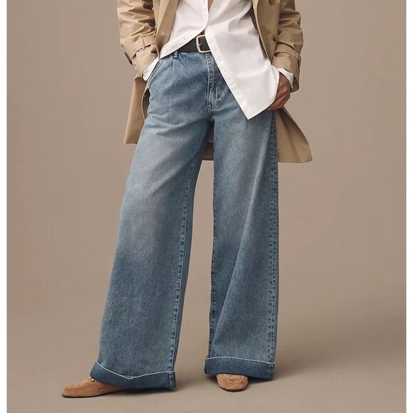Pilcro Denim - Anthropologie Pilcro High Rise Pleated Wide Leg Cuff Trouser Jeans Blue Size 31